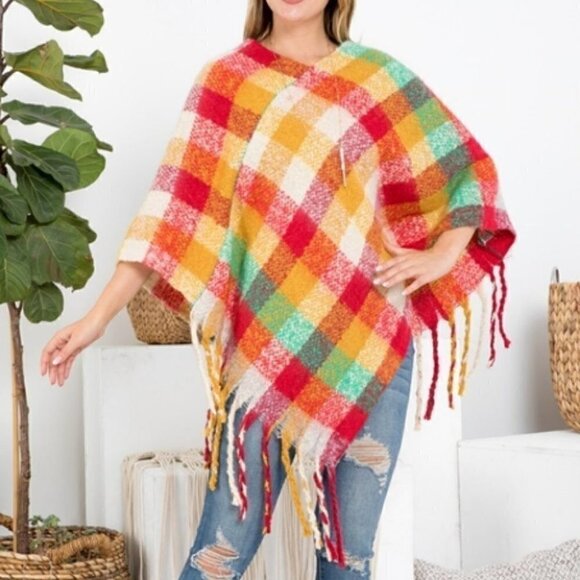 MULTI COLOR PLAID PRINT PONCHO - SOFT - Picture 3 of 8